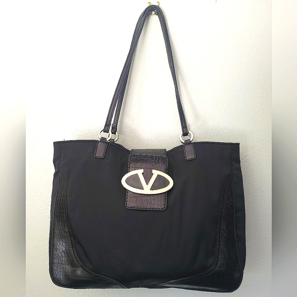 Valentino Garavani Rare VLogo Tote Bag - Black Nylon & Croc-Embossed Leather